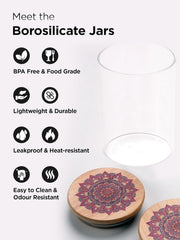 Urbane Home Borosilicate Glass Jar with Printed Bamboo Lid|Kitchen Organizer Items and Storage|Multi-utility, Leakproof, Airtight Storage Jar for Cookies,Snacks,Tea,Coffee,Sugar|Pack of 4(1000ml)