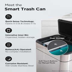 Urbane Home Sensor Dustbin | Dual Compartment Sensor Dustbin | Touchless Trash Can | Smart Dustbin for Bedroom-Office-Living Room | 2 Removable Bucket Can | YW-5511 | 9 LTR | Silver