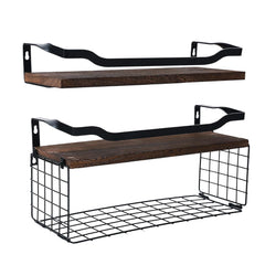 Kuber Industries Floating Shelves (2pcs) with One Wire Storage Basket | Wooden Floating Wall Shelf| Wall Mount| Wall Rack| Wall Bracket for Home and Office Decor | Big Mounted Cabinets | BW0388