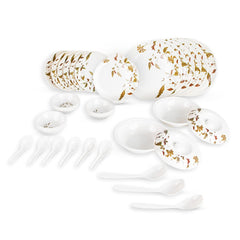 Kuber Industries 32 Pieces Round Melamine Microwave & Dishwasher Safe Dinnerware Kitchen Crockery Set | Glossy Dinner Sets & Kitchen Set for Home | Deluxe Brown - White