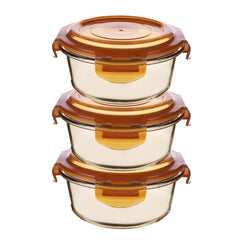Kuber Industries Borosilicate Glass Container With PP Lid-Round|JDA026-AMB|Light Orange|580 ML|Pack Of 3