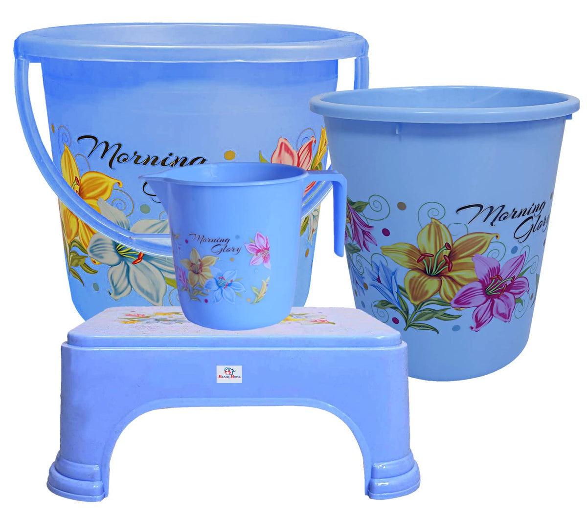 Heart Home Printed 4 Pieces Unbreakable Virgin Plastic Multipurpose Bucket, Dustbin, Mug & Stool Set (Blue)