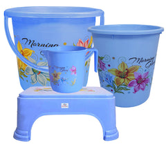 Heart Home Printed 4 Pieces Unbreakable Virgin Plastic Multipurpose Bucket, Dustbin, Mug & Stool Set (Blue)
