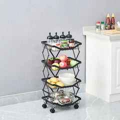 Kuber Industries 4-Layer Collapsible Kitchen Rack|Multipurpose Storage Basket|360-Degree Rotable Kitchen Trolley|Fruit Basket (Black)
