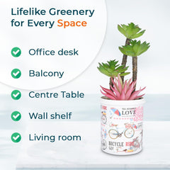 Kuber Industries Artificial Plants for Home Décor|Natural Looking Indoor Fake Plants with Pot|Artificial Flowers for Decoration-Pack of 2 (Pink & Green)