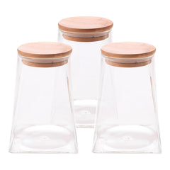 Kuber Industries Borosilicate Glass Jar with Bamboo Lid (Pack of 3 Triangle)