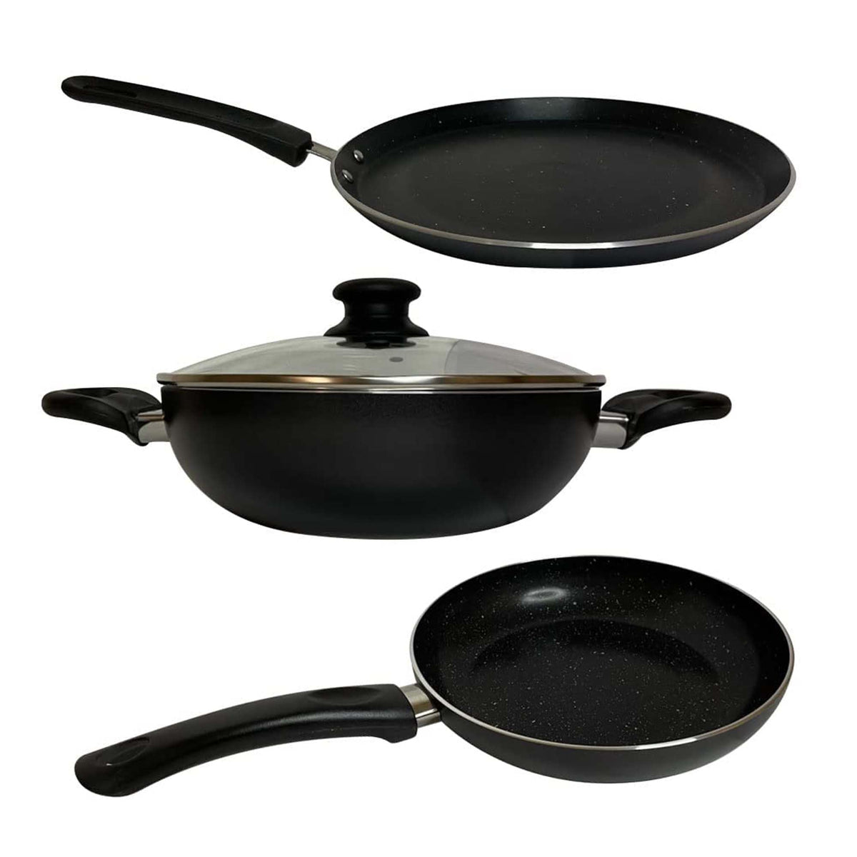 Heart Home 3 PCS Aluminium Cooking Set for Kitchen 24 cm Wok, 24 cm Fry Pan with Lid & 28 cm Tawa | Nonstick Induction Cookware Set | Kadhai, Frying Pan & Tawa Utensils Set | Black