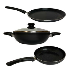 Heart Home 3 PCS Aluminium Cooking Set for Kitchen 24 cm Wok, 24 cm Fry Pan with Lid & 28 cm Tawa | Nonstick Induction Cookware Set | Kadhai, Frying Pan & Tawa Utensils Set | Black