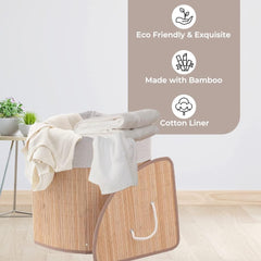 Kuber Industries Bamboo Basket With Lid|Foldable Laundry Basket For Clothes|Durable Rope Handles & Removable Bag|Natural Pack Of 4
