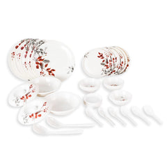 Kuber Industries 40 Pieces Round Melamine Microwave & Dishwasher Safe Dinnerware Kitchen Crockery Set | Glossy Dinner Sets & Kitchen Set for Home | Deluxe Red Gray Floral - White