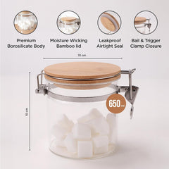 Urbane Home Borosilicate Glass Jar with Bamboo Lid | Kitchen Organizer Items & Storage | Multi-utility, Leakproof, Airtight Storage Jar for Cookies, Snacks, Tea, Coffee, Sugar | Set of 2 (650ml)