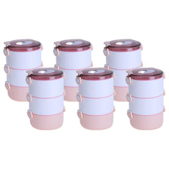 Kuber Industries Insulated Lunch Box with 3 Compartments|100% BPA Free, Food Grade ABS Plastic|Leakproof & Spill Proof|Dishwasher & Microwave Safe Lunch Box|3000 ML|HX0034190|Pink (Pack of 6)