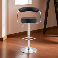 Kuber Industries Curvy Bar Stool Chair for Kitchen with PU Leather Seat Cushion, Footrest & 360 Swivel | 32 inch Height Adjustable High Chair for Breakfast Counter & Cafeteria | Brown & Chrome