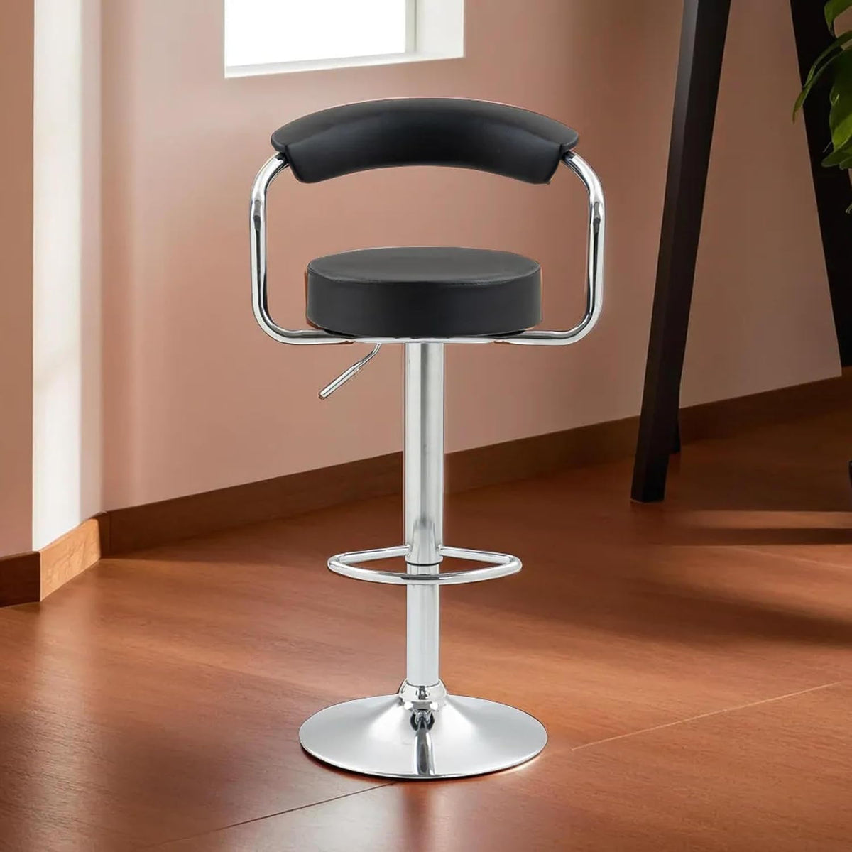 Kuber Industries Curvy Bar Stool Chair for Kitchen with PU Leather Seat Cushion, Footrest & 360 Swivel | 32 inch Height Adjustable High Chair for Breakfast Counter & Cafeteria | White & Chrome