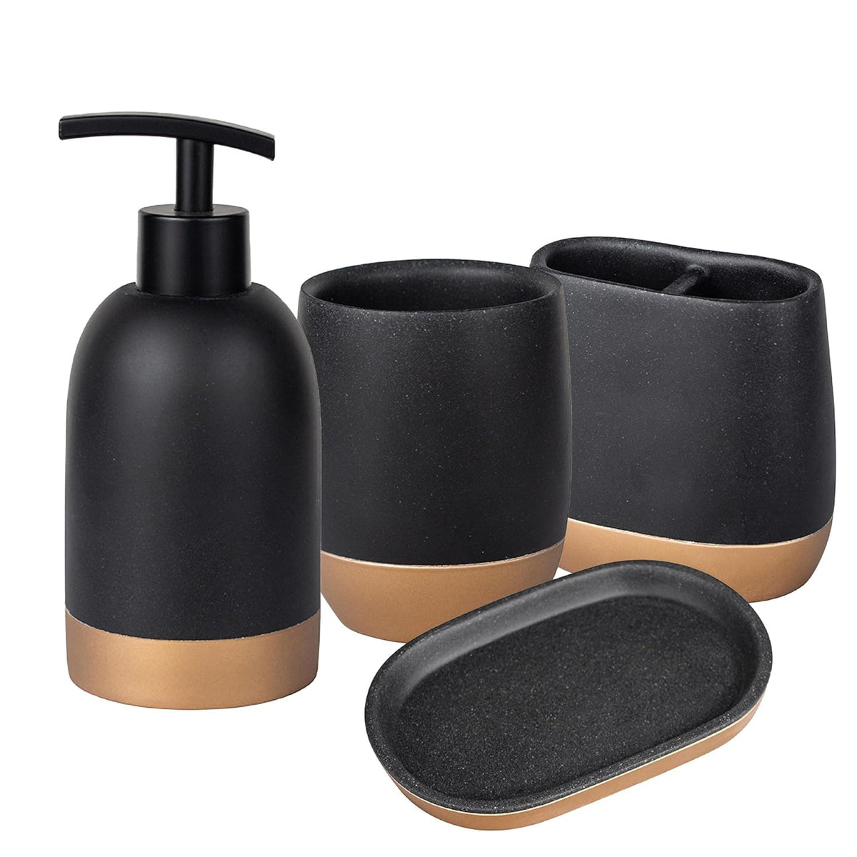 Urbane Home Premium 4-Piece Bathroom Accessories Set | Soap Dish | Liquid Soap Dispenser (250ml) | Tumbler | Brush Holder | Moisture Resistant | Scratch Proof | Black-Golden