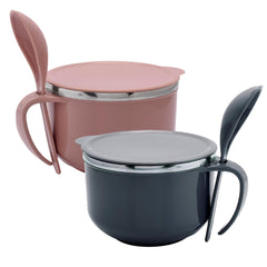 Heart Home Noodle & Soup Bowl Set | Steel Noodle Bowl with Spoon | Airtight Bowl for Pasta-Rice | Food Container | Office Bowl | Kitchen Bowl Set | 600 ML | Pack of 2 | Multicolor