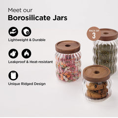 Kuber Industries Borosilicate Glass Jar with Bamboo Lid | Multi-utility | Leakproof | Airtight Storage Jar for Cookies, Snacks, Tea, Coffee, Sugar | Set of 3 (400ml, 620ml, 750ml)