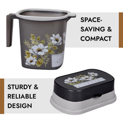 Heart Home Bathroom Set | Plastic Bathroom Combo Set | Bucket-Stool-Mug-Dustbin-Soap Holder Set for Bathroom | Modern Bath Set | Printed Bathroom Set | Set of 5 | Gray