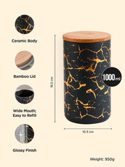 Heart Home Ceramic Jar with Bamboo Lid 1000ml | Air Tight Containers for Kitchen Storage | Multipurpose-Tea,Coffee,Snacks,Sugar,Salt,Dry Fruit,Pulses | Black | Pack of 2