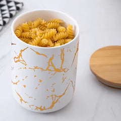 Urbane Home 1000ml Ceramic Jar for Kitchen Storage | Air Tight Container Set with Bamboo Lid | Kitchen Container for Snacks, Tea, Sugar | Multipurpose Organizer | White with print | Pack of 2