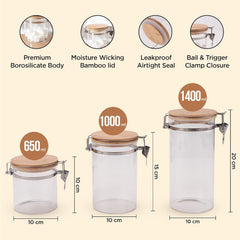 Kuber Industries Borosilicate Glass Jar with Bamboo Lid |Multi-utility | Leakproof | Airtight Storage Jar for Cookies, Snacks, Tea, Coffee, Sugar | Set of 3 (650ml, 1000ml, 1400ml)