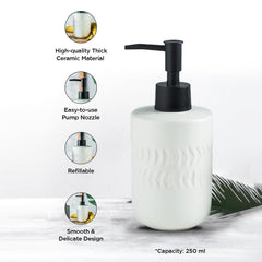 Urbane Home Liquid Soap Dispenser | Stoneware | Bathroom Sanitizer,Shampoo Dispenser | Ceramic Handwash Bottle for Kitchen | Soap Dispenser for Wash Basin | Bathroom Accessories | 250ml (White)