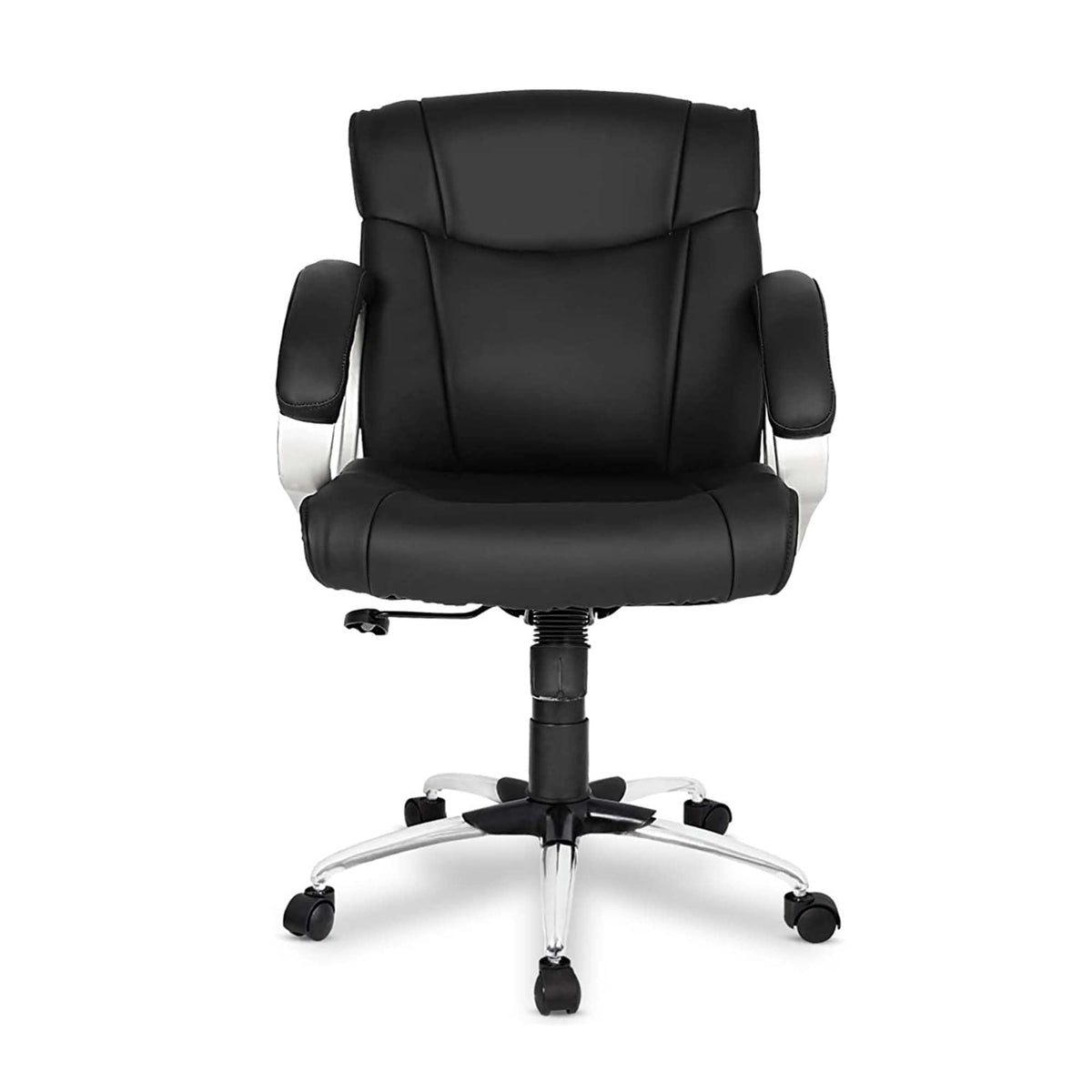 Kuber Industries Ergonomic Leather Office Chairs for Work From Home | Comes with Manual Height Adjustable, Armrest, Headrest & Lumbar Support | Comfy Study Chair for Students with Wheels | Black