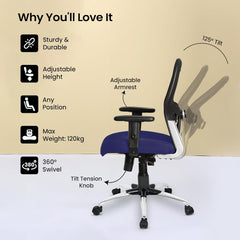 Kuber Industries Ergonomic Office Chairs for Work From Home | Comes with Manual Height Adjustable Armrest & 2D Lumbar Support | Comfy Study Chair for Students with Wheels | Black