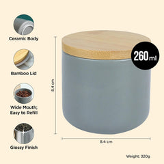Urbane Home 260ml Ceramic Jar for Kitchen Storage | Air tight Container Set with Bamboo Lid | Kitchen Container for Snacks, Tea, Sugar | Multipurpose Organizer | Grey | Pack of 2