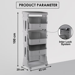 Kuber Industries Pack of 5 Adjustable Storage 3 Tier Shelf | Rolling Shelf | Multipurpose | Book, Kitchen, Laundry Storage Rack| MC2018-37 | Grey