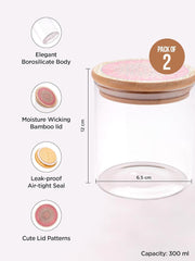 Kuber Industries Borosilicate Glass Jar with Printed Bamboo Lid|Kitchen Organizer Items and Storage|Multi-utility, Leakproof, Airtight Storage Jar for Cookies,Snacks,Tea,Coffee,Sugar|Pack of 2(300ml)