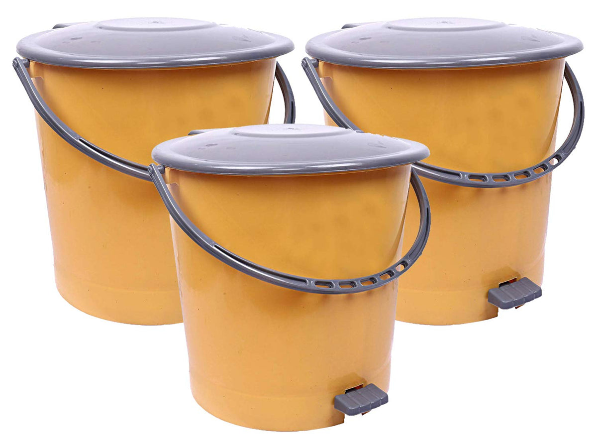 Kuber Industries 3 Pieces Ultra Plastic Garbage Waste Pedal Dustbin for Home, Office with Handle, 5 Liters (Cream & Brown)-KUBMART3044
