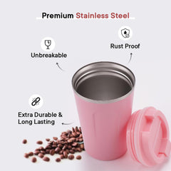 Kuber Industries Insulated Coffee Tumbler Mug with Lid for Office, Gym & Travel | Stainless Steel Leak-Proof Thermos for Tea/Coffee/Water - Ideal for Hot & Cold Beverages | CO230204C-Pink