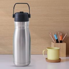 Kuber Industries Pack of 2 Vacuum Insulated Water Bottle | Stainless Steel Sipper Bottle with Handle | Hot & Cold Water Bottle | Leakproof, BPA Free, Rustproof | 780 ML | Steel