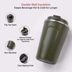 Kuber Industries Insulated Coffee Tumbler Mug with Lid for Office, Gym & Travel | Stainless Steel Leak-Proof Thermos for Tea/Coffee/Water - Ideal for Hot & Cold Beverages | Green