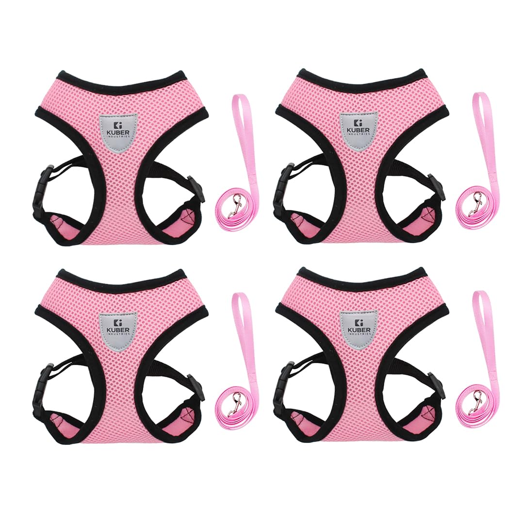 Kuber Industries Reflective Dog Harness with Adjustable Leash|Breathable Polyester Mesh Fabric with Top Carry Handle|Large Size|HAT-818|Comfortable No-Pull Grip|Quick Release Buckles|Pink (Pack of 4)