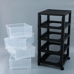 Kuber Industries 5 Layer Cosmetic Cabinet with Trolley|5-Tier Rolling Cart|Shelf Stand With Drawer|Pack of 5|Black