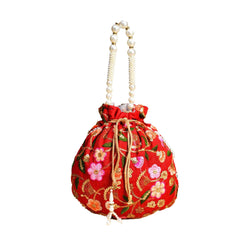 Kuber Industries Potli|Silk Wedding Potli|Christmas Gift Potli|Baby Shower Potli|Traditional Shagun Potli|Drawstring with Beads Handle Potli|New Flower Embroidery Potli|Maroon