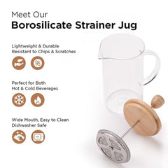 Homestic Premium 1L Glass Jug with Bamboo Lid | Leakproof Pitcher for Water Juice Iced Coffee Brew | Heat Resistant | Housewarming Gifts | Transparent Serviceware - 1 Pack