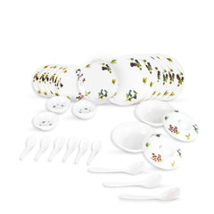 Kuber Industries 32 Pieces Round Melamine Microwave & Dishwasher Safe Dinnerware Kitchen Crockery Set | Glossy Dinner Sets & Kitchen Set for Home | Blueberry Floral - White