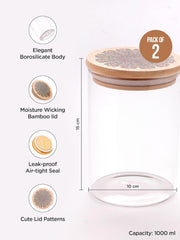 Heart Home Borosilicate Glass Jar with Printed Bamboo Lid|Kitchen Organizer Items and Storage|Multi-utility, Leakproof, Airtight Storage Jar for Cookies,Snacks,Tea,Coffee,Sugar|Pack of 2(1000ml)