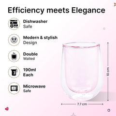 Homestic 2 Pcs Double Walled Borosilicate Glass | High Thermal Resistance | Microwave & Dishwasher Safe | 190 ML | Pack of 1 | Pink