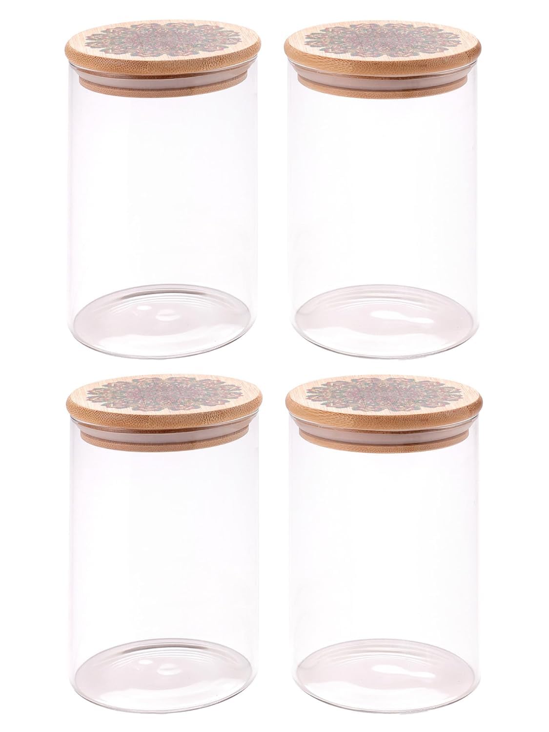 Urbane Home Borosilicate Glass Jar with Printed Bamboo Lid|Kitchen Organizer Items and Storage|Multi-utility, Leakproof, Airtight Storage Jar for Cookies,Snacks,Tea,Coffee,Sugar|Pack of 4(1000ml)