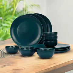 Kuber Industries 12 Pcs Ceramic Dinner Set | Bowl Plates Serving Spoon | Dishwasher & Microwave Safe | Kitechen Crockery Set for Dining & Gifting | Lead Cadium Bone-Ash free | Green