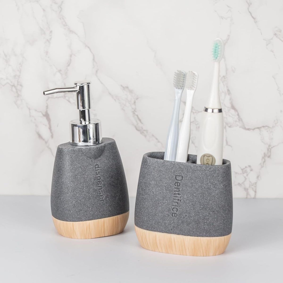 Urbane Home Premium 2-Piece Bathroom Accessories Set | Tooth Brush Holder | Liquid Soap Dispenser (250ml) | Moisture Resistant | Scratch Proof | Grey-Natural