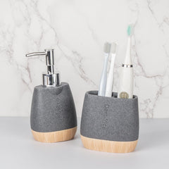 Urbane Home Premium 2-Piece Bathroom Accessories Set | Tooth Brush Holder | Liquid Soap Dispenser (250ml) | Moisture Resistant | Scratch Proof | Grey-Natural