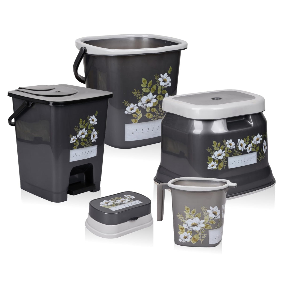 Heart Home Bathroom Set | Plastic Bathroom Combo Set | Bucket-Stool-Mug-Dustbin-Soap Holder Set for Bathroom | Modern Bath Set | Printed Bathroom Set | Set of 5 | Gray