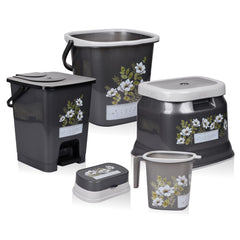 Heart Home Bathroom Set | Plastic Bathroom Combo Set | Bucket-Stool-Mug-Dustbin-Soap Holder Set for Bathroom | Modern Bath Set | Printed Bathroom Set | Set of 5 | Gray