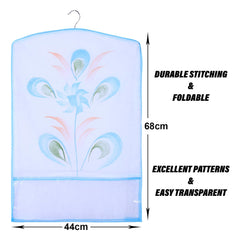 Kuber Industries Hanging Saree Cover | Brush Painting Pattern Saree Cover | Non-Woven Saree Covers for Home | Saree Cover with Small Transparent view | Pack of 12 | Sky Blue
