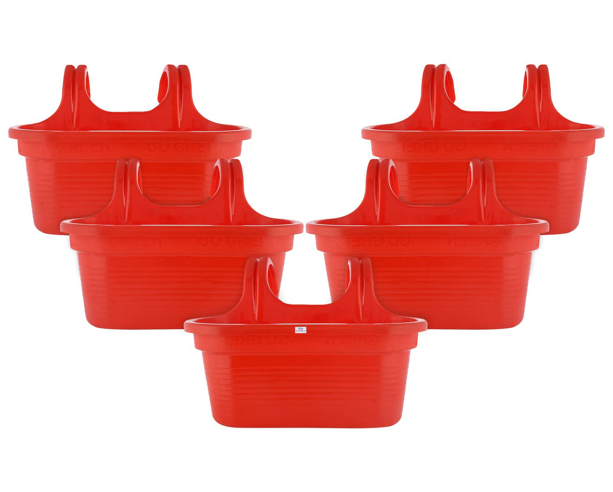 Heart Home Hanging Flower Pot|Double Hook Plant Container|Durable Plastic Glossy Finish Pots for Home|Balcony|Garden|12 Inch|Pack of 5 (Red)